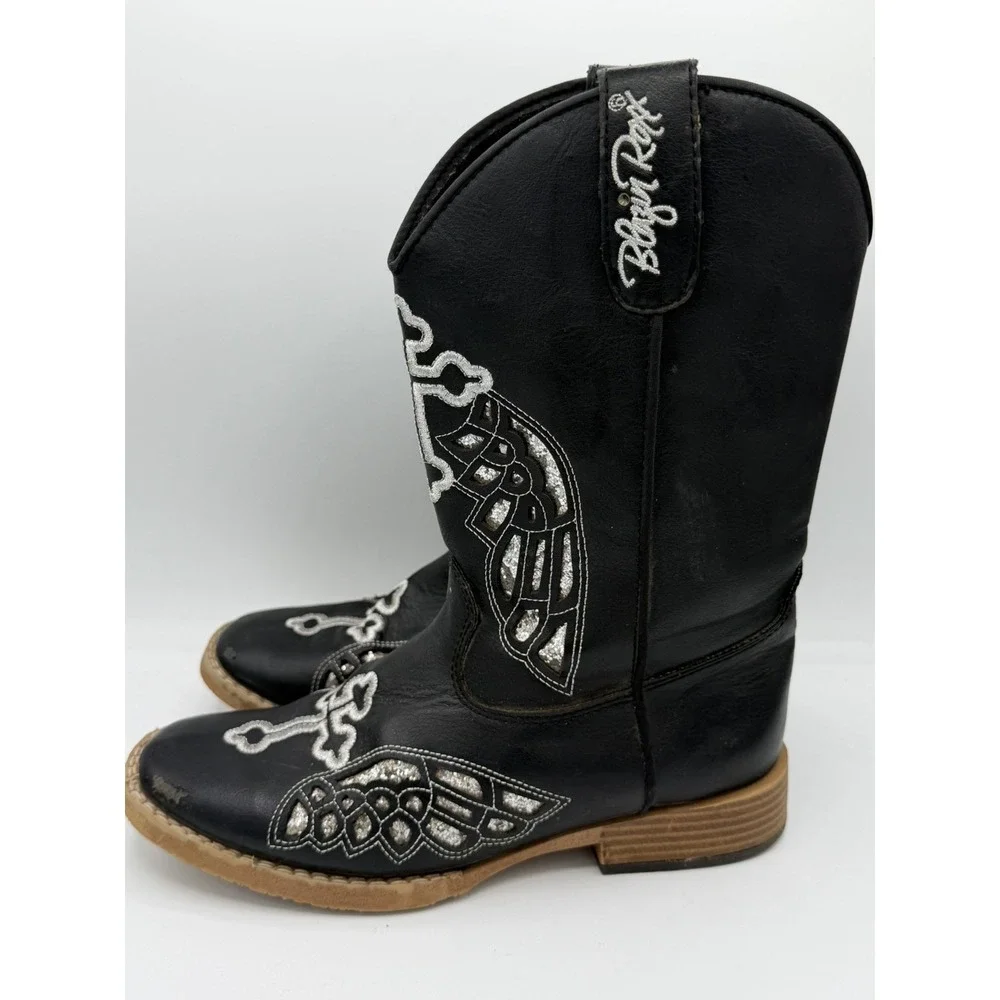 Blazin Roxx Girls Western Cowgirl Boots Glittery Silver Wings Cross Design Sz 3